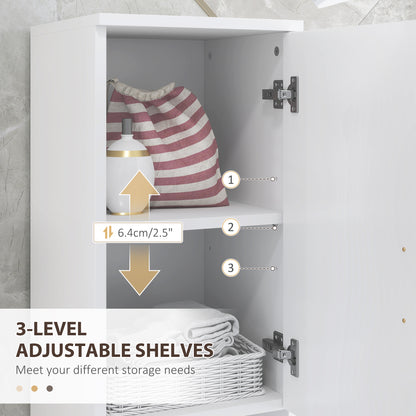 White HOMCOM Kleankin Line embossed tall bathroom storage cabinet with multiple shelves for organized bathroom storage.