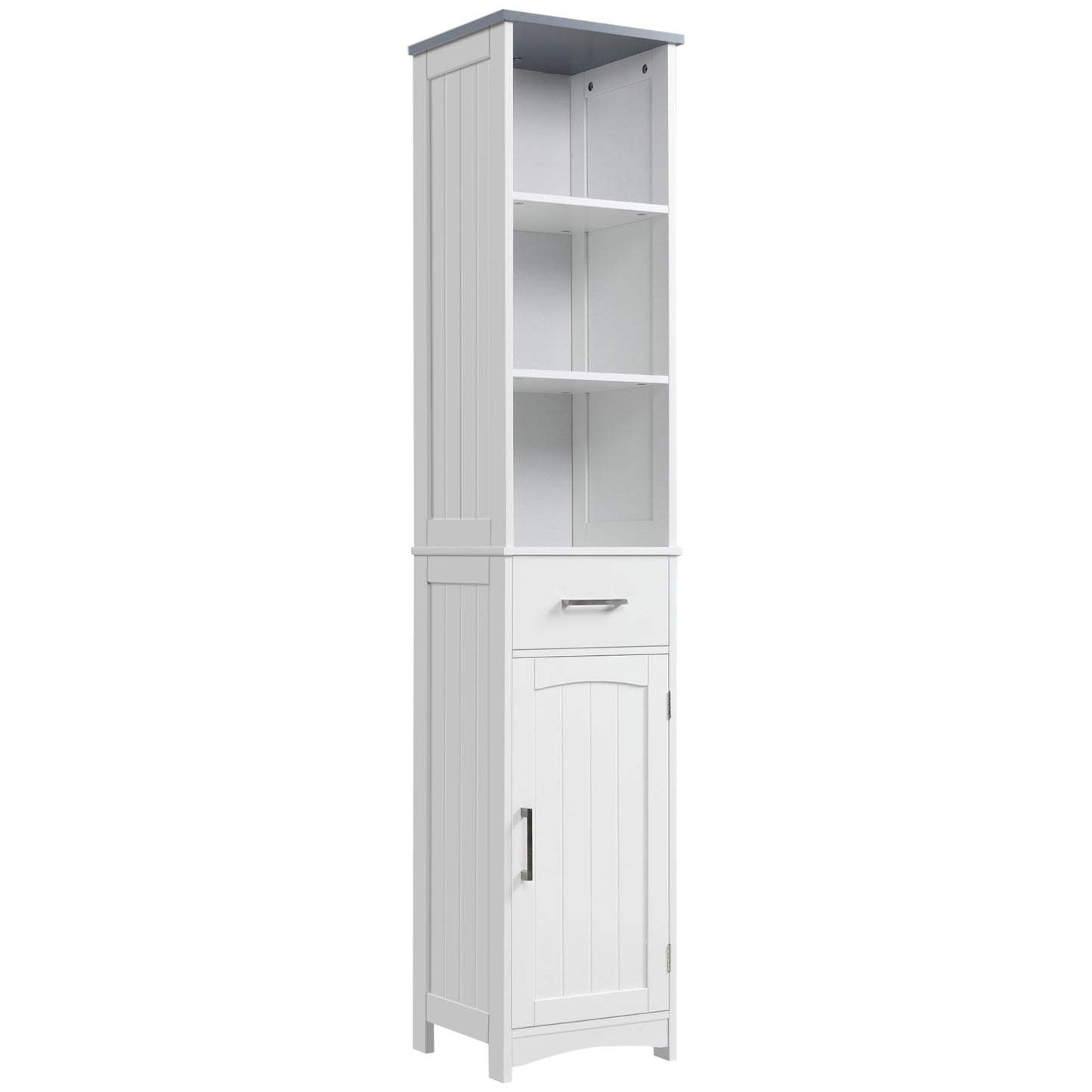 HOMCOM Kleankin tall white bathroom storage cabinet with slim design, featuring a drawer and open shelves for linen and bathroom essentials.