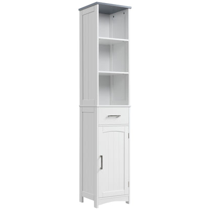 HOMCOM Kleankin tall white bathroom storage cabinet with slim design, featuring a drawer and open shelves for linen and bathroom essentials.