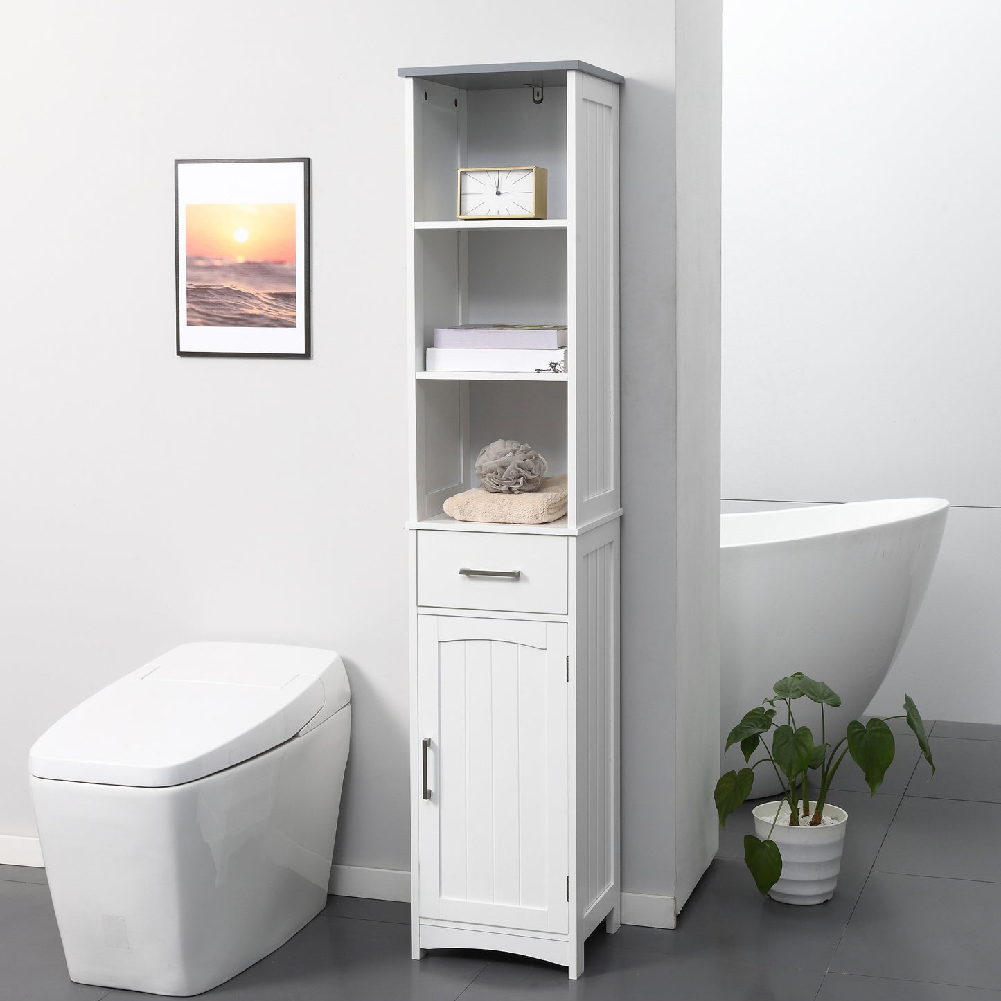 White HOMCOM Kleankin tall bathroom storage cabinet with shelves and drawer, slim freestanding linen tower for bathroom organization.