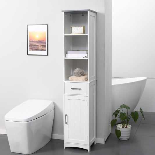 White HOMCOM Kleankin tall bathroom storage cabinet with shelves and drawer, slim freestanding linen tower for bathroom organization.