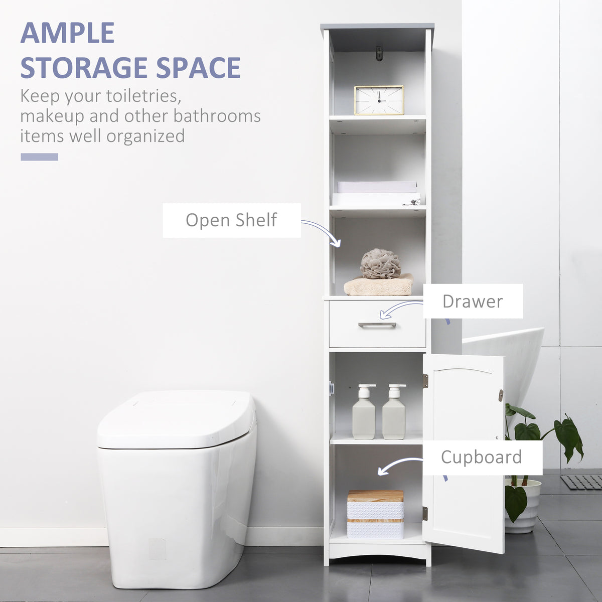 White HOMCOM Kleankin tall bathroom storage cabinet with shelves and drawer, slim freestanding linen tower for bathroom organization.