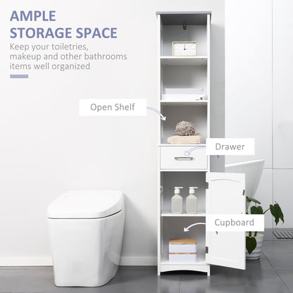 White HOMCOM Kleankin tall bathroom storage cabinet with shelves and drawer, slim freestanding linen tower for bathroom organization.