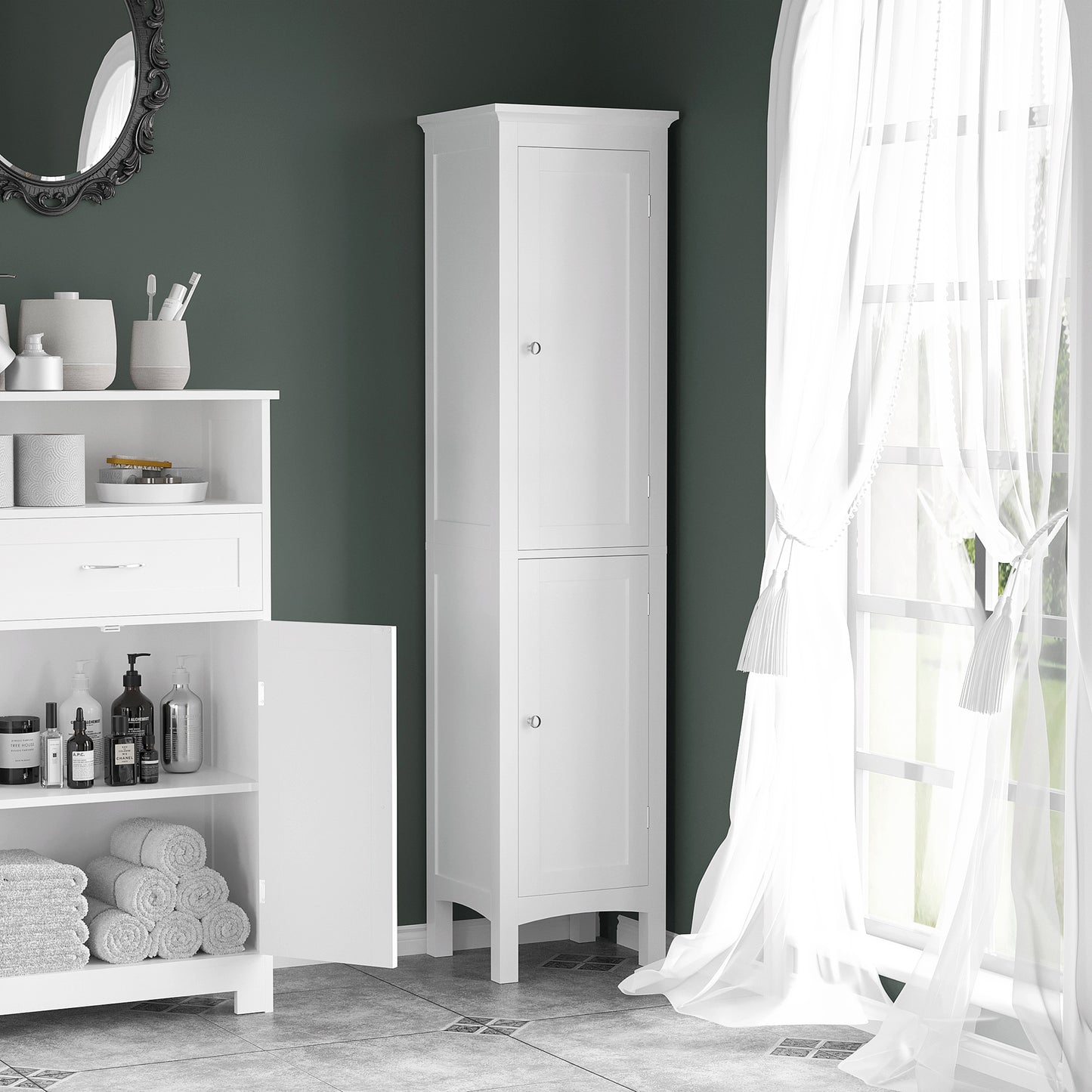 HOMCOM Kleankin tall bathroom storage cabinet in white, slim freestanding unit with adjustable shelves for organized bathroom storage.