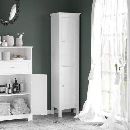 HOMCOM Kleankin tall bathroom storage cabinet in white, slim freestanding unit with adjustable shelves for organized bathroom storage.