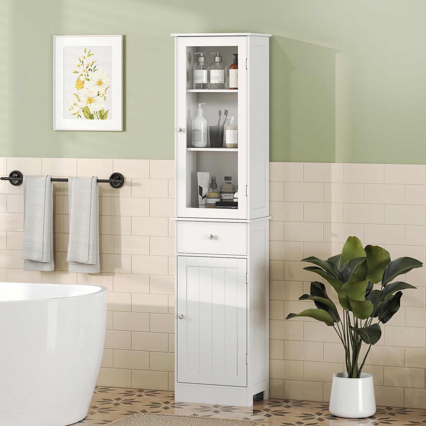 HOMCOM Kleankin tall white bathroom storage cabinet with drawer and shelves, slim freestanding organizer for bathroom organization.