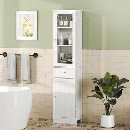 HOMCOM Kleankin tall white bathroom storage cabinet with drawer and shelves, slim freestanding organizer for bathroom organization.