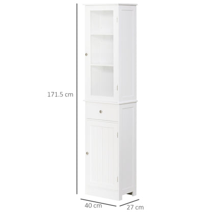 HOMCOM Kleankin tall bathroom storage cabinet with white finish, featuring a drawer and open shelves for organized bathroom storage.