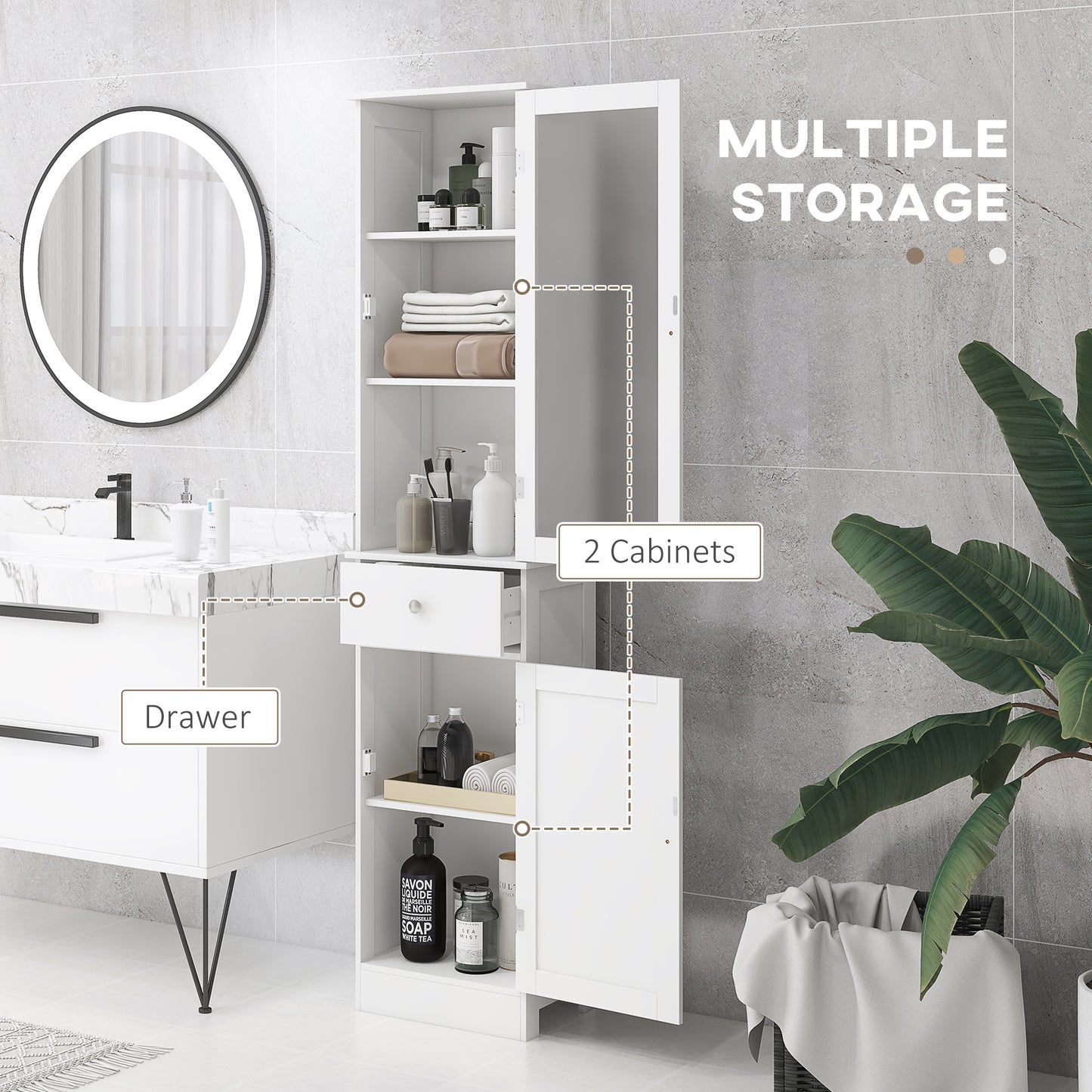 HOMCOM Kleankin tall white bathroom storage cabinet with drawer and shelves, slim freestanding organizer for bathroom essentials.