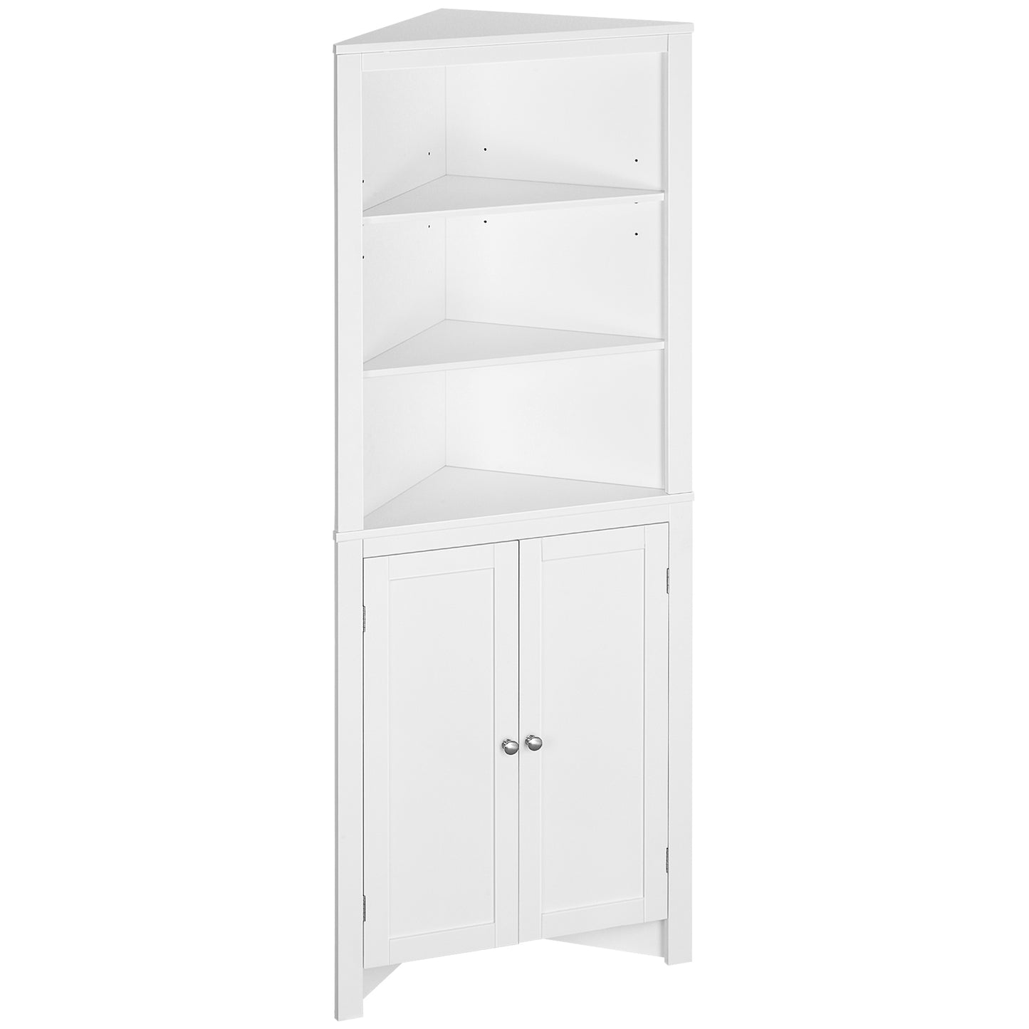 White HOMCOM Kleankin triangle bathroom cabinet with cupboard and 3-tier shelves, free-standing corner storage unit.