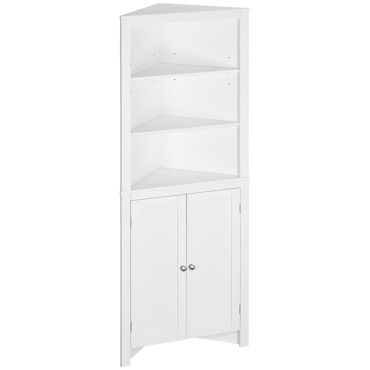 White HOMCOM Kleankin triangle bathroom cabinet with cupboard and 3-tier shelves, free-standing corner storage unit.