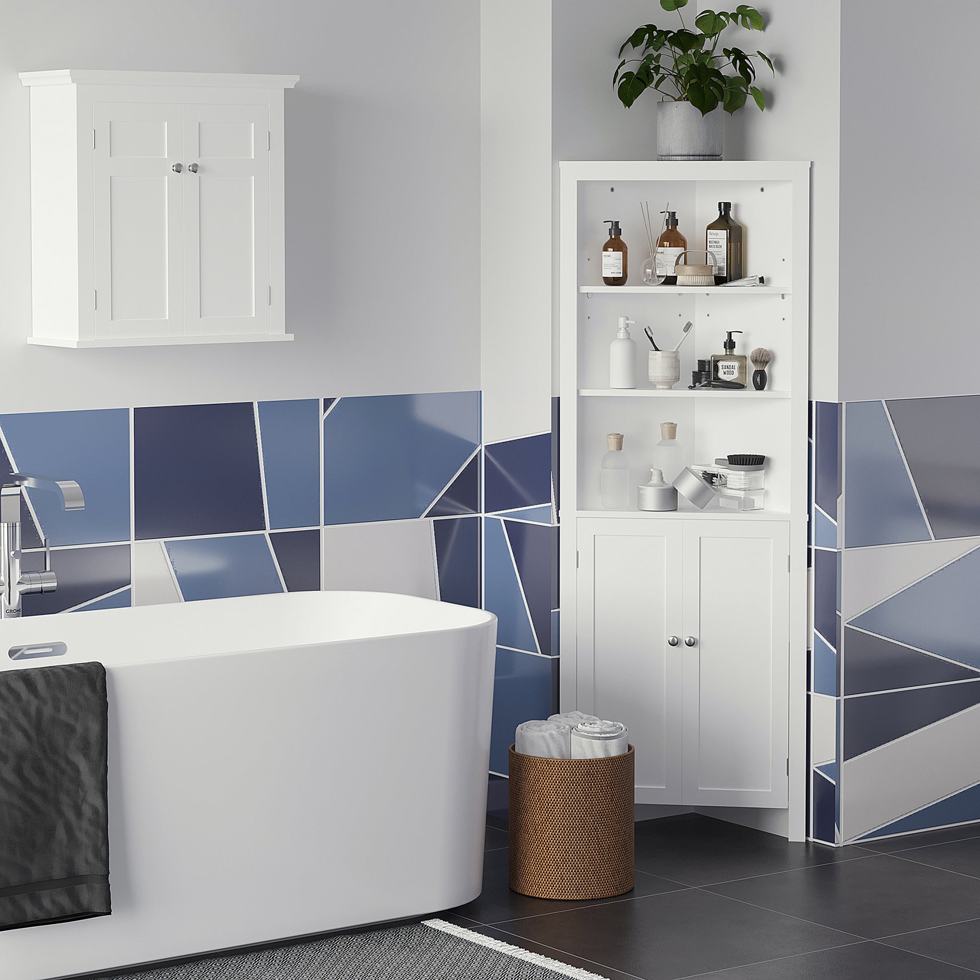 White Kleankin triangle bathroom cabinet with cupboard and three-tier shelves, free-standing corner storage unit by HOMCOM.