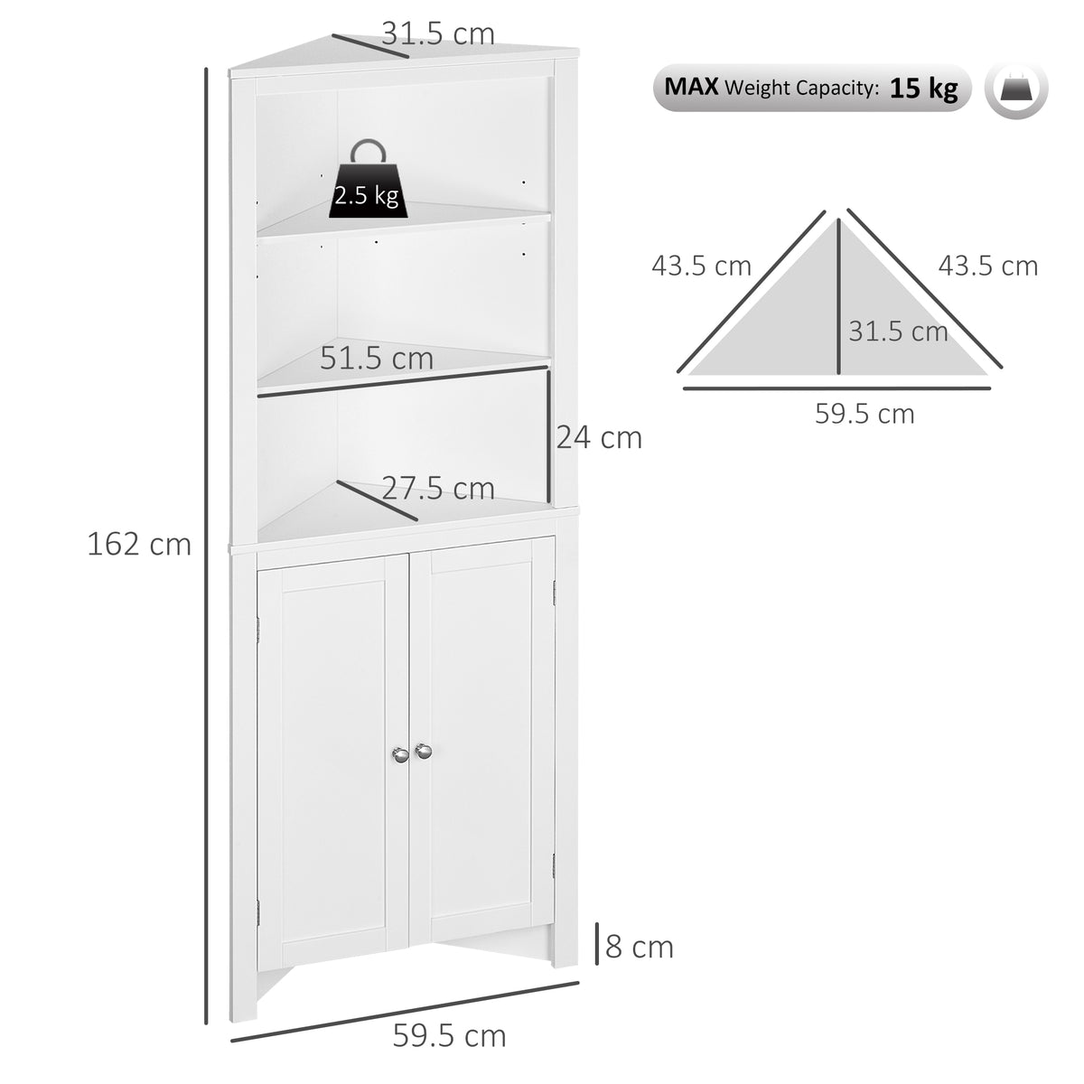 White Kleankin triangle bathroom cabinet with cupboard and 3-tier shelves, free-standing corner storage unit by HOMCOM.