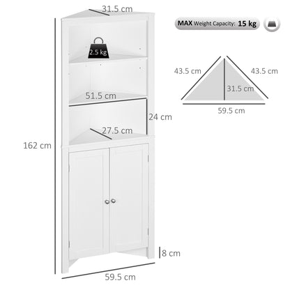 White Kleankin triangle bathroom cabinet with cupboard and 3-tier shelves, free-standing corner storage unit by HOMCOM.