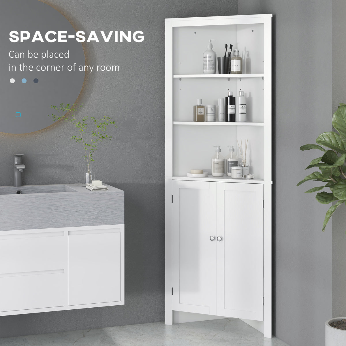 White HOMCOM Kleankin triangle bathroom cabinet with cupboard and 3-tier shelves, free-standing corner storage unit.