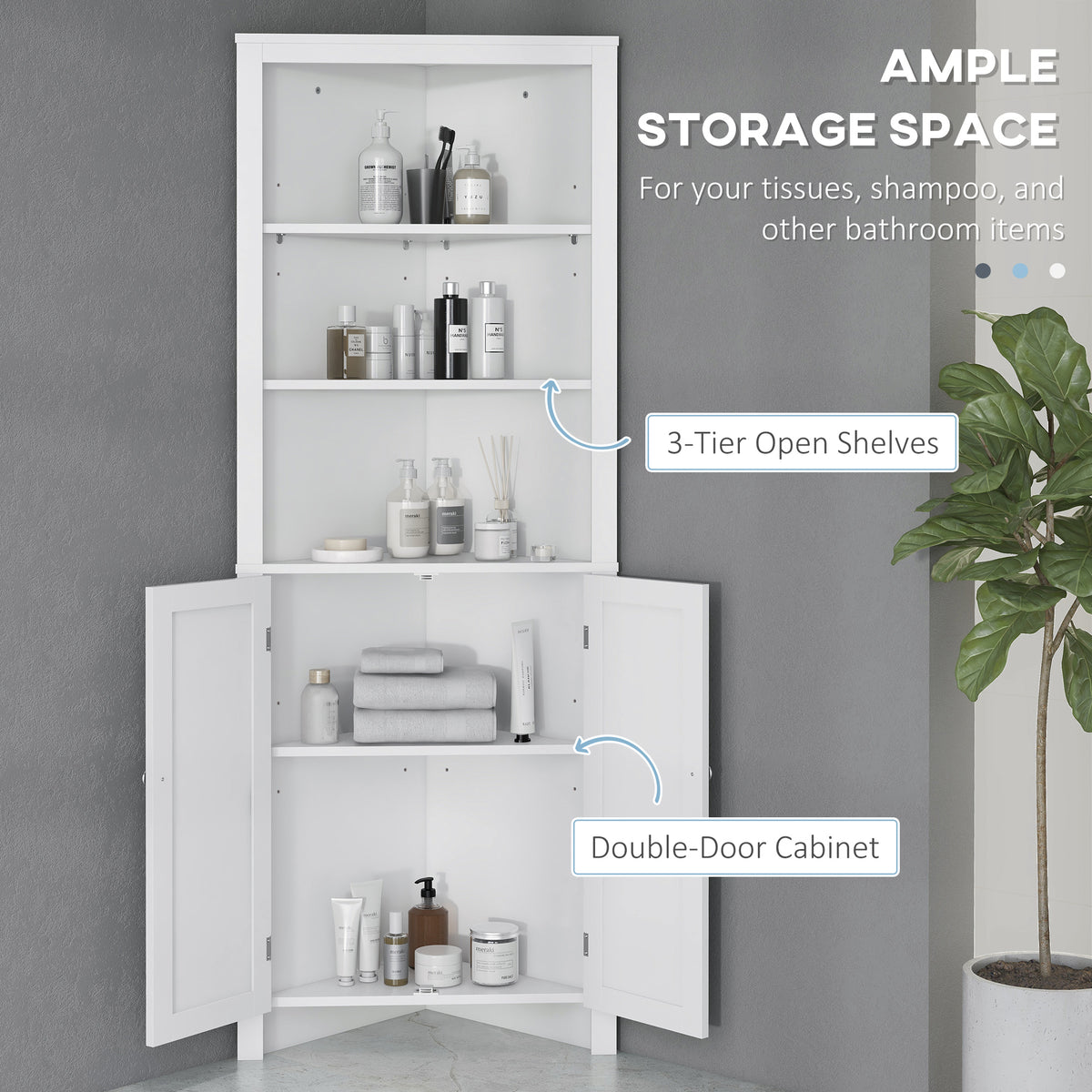 White HOMCOM Kleankin triangle bathroom cabinet with cupboard and 3-tier shelves, corner free-standing bathroom storage unit.