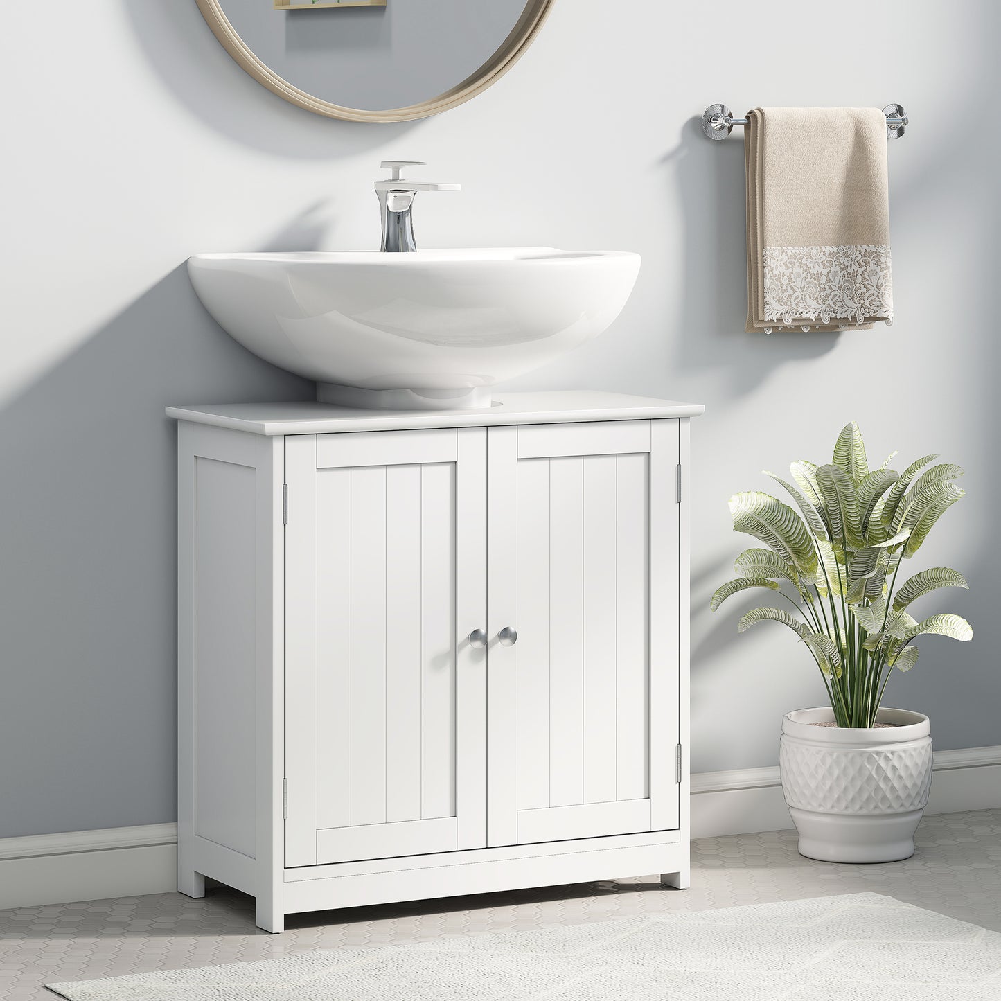 White HOMCOM Kleankin under sink bathroom cabinet with adjustable shelf, freestanding vanity storage unit for bathroom organization.