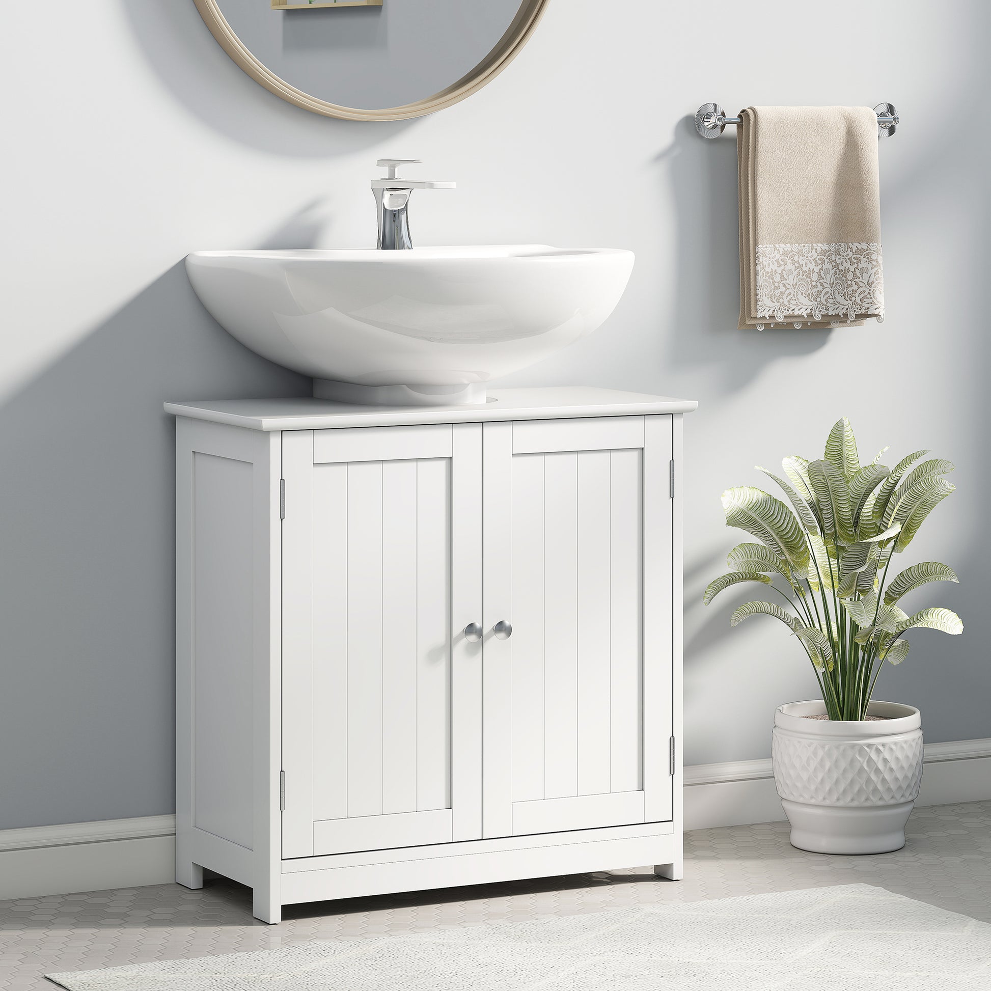 White HOMCOM Kleankin under sink bathroom cabinet with adjustable shelf, freestanding vanity storage unit for bathroom organization.