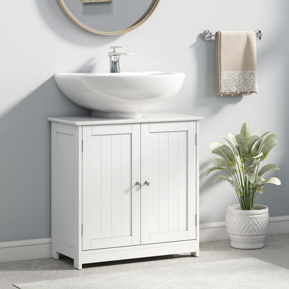 White HOMCOM Kleankin under sink bathroom cabinet with adjustable shelf, freestanding vanity storage unit for bathroom organization.
