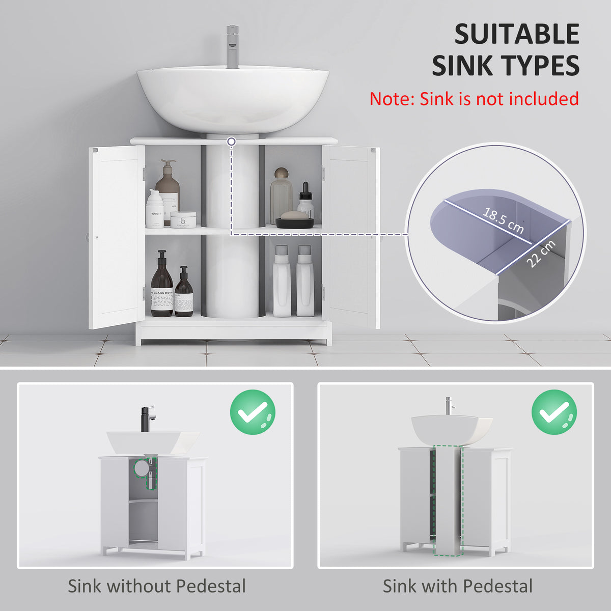 White HOMCOM Kleankin under sink bathroom cabinet with adjustable shelf, freestanding vanity storage unit for bathroom organization.