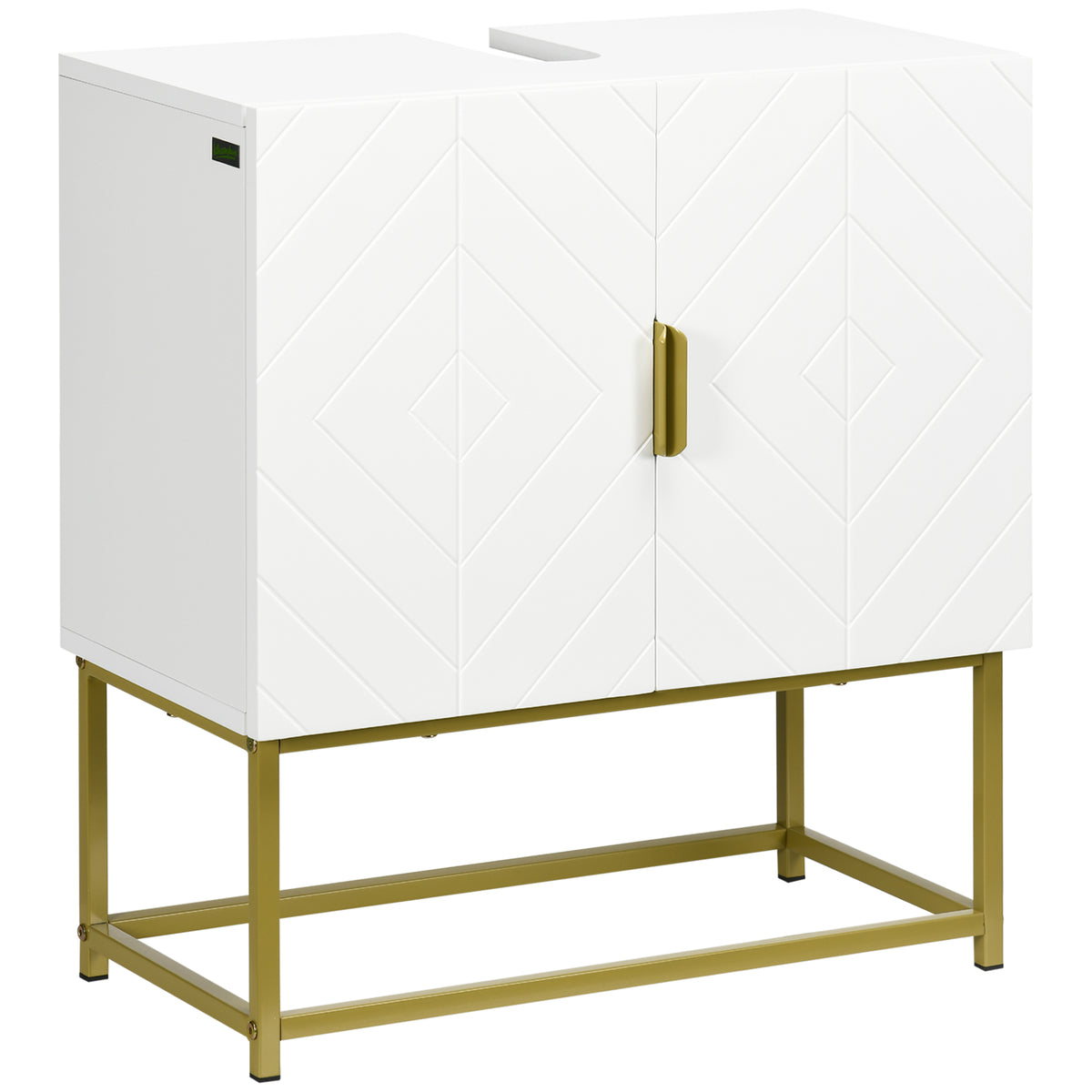 White HOMCOM Kleankin under sink bathroom storage cabinet with gold legs, featuring a sleek vanity unit design.