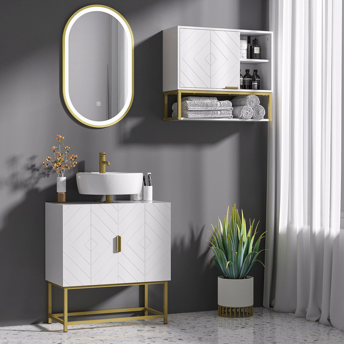 HOMCOM Kleankin white under sink bathroom storage cabinet with gold legs, modern vanity unit with doors and storage space