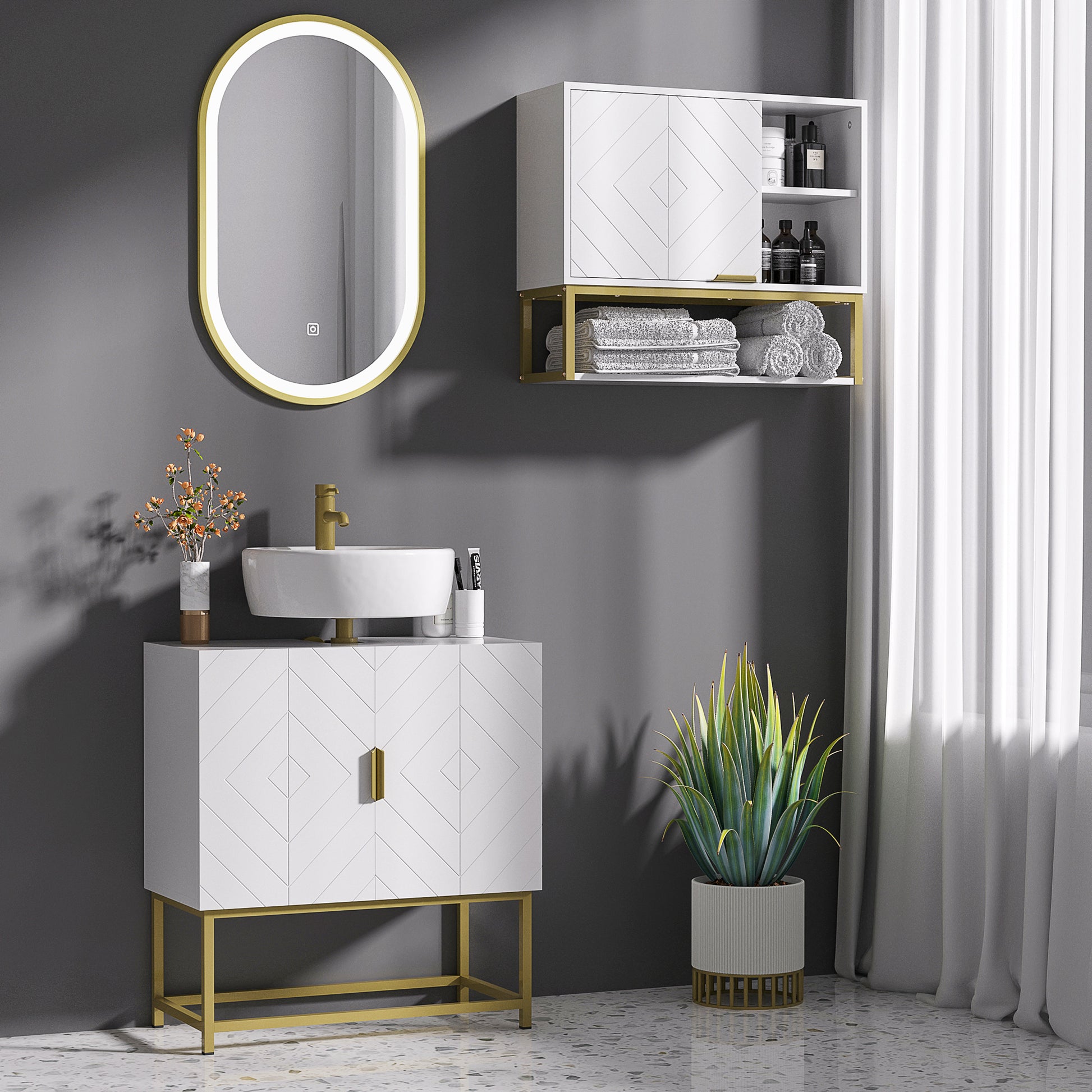 HOMCOM Kleankin white under sink bathroom storage cabinet with gold legs, modern vanity unit with doors and storage space
