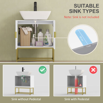 HOMCOM Kleankin white under sink bathroom storage cabinet with gold legs, modern vanity unit with door and interior shelves.