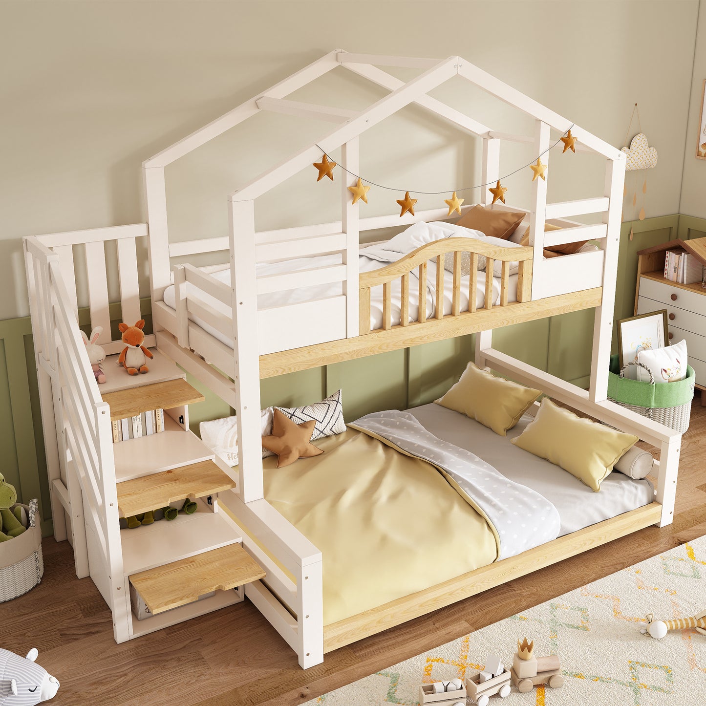 White and natural wooden house bunk bed with storage stairs, single and double beds, ideal for family bedroom, no mattress included.