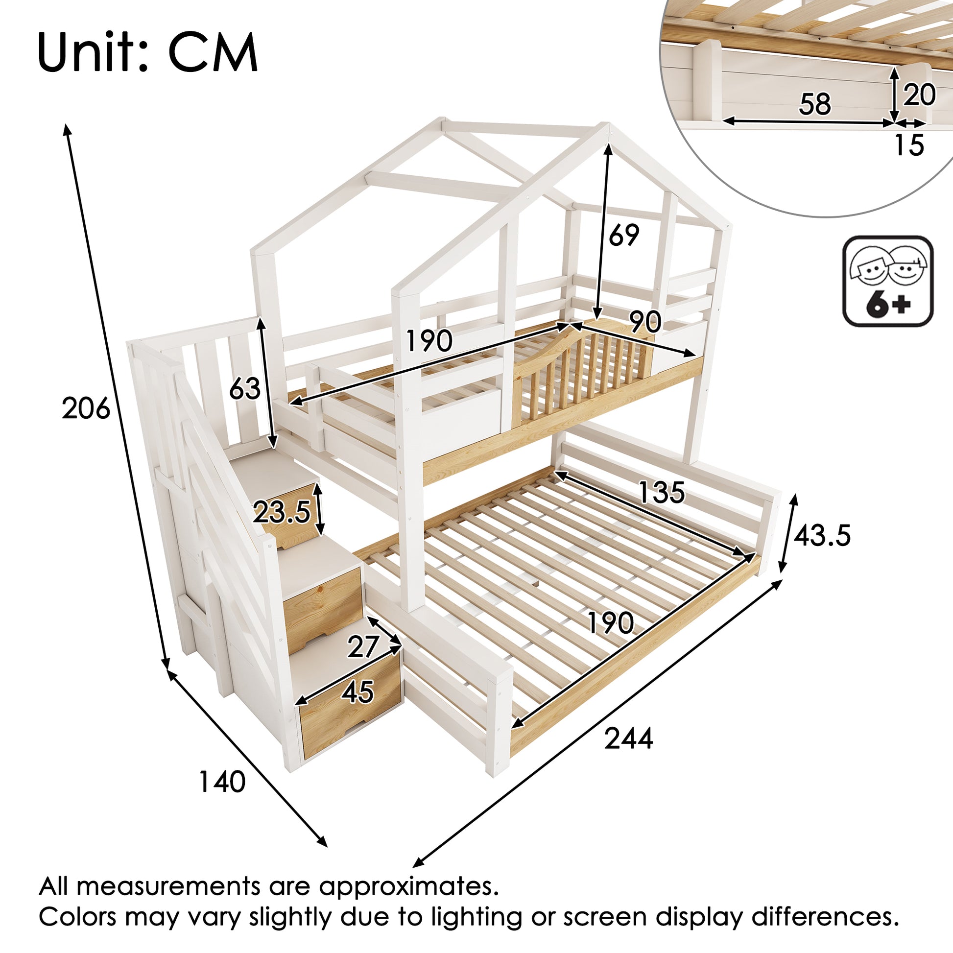 White and natural wooden house bunk bed with storage stairs, single 90x190cm over double 135x190cm for family use, no mattress.