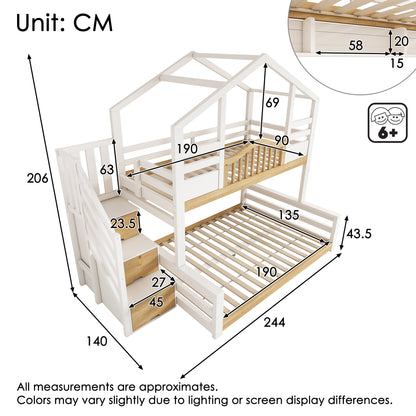White and natural wooden house bunk bed with storage stairs, single 90x190cm over double 135x190cm for family use, no mattress.