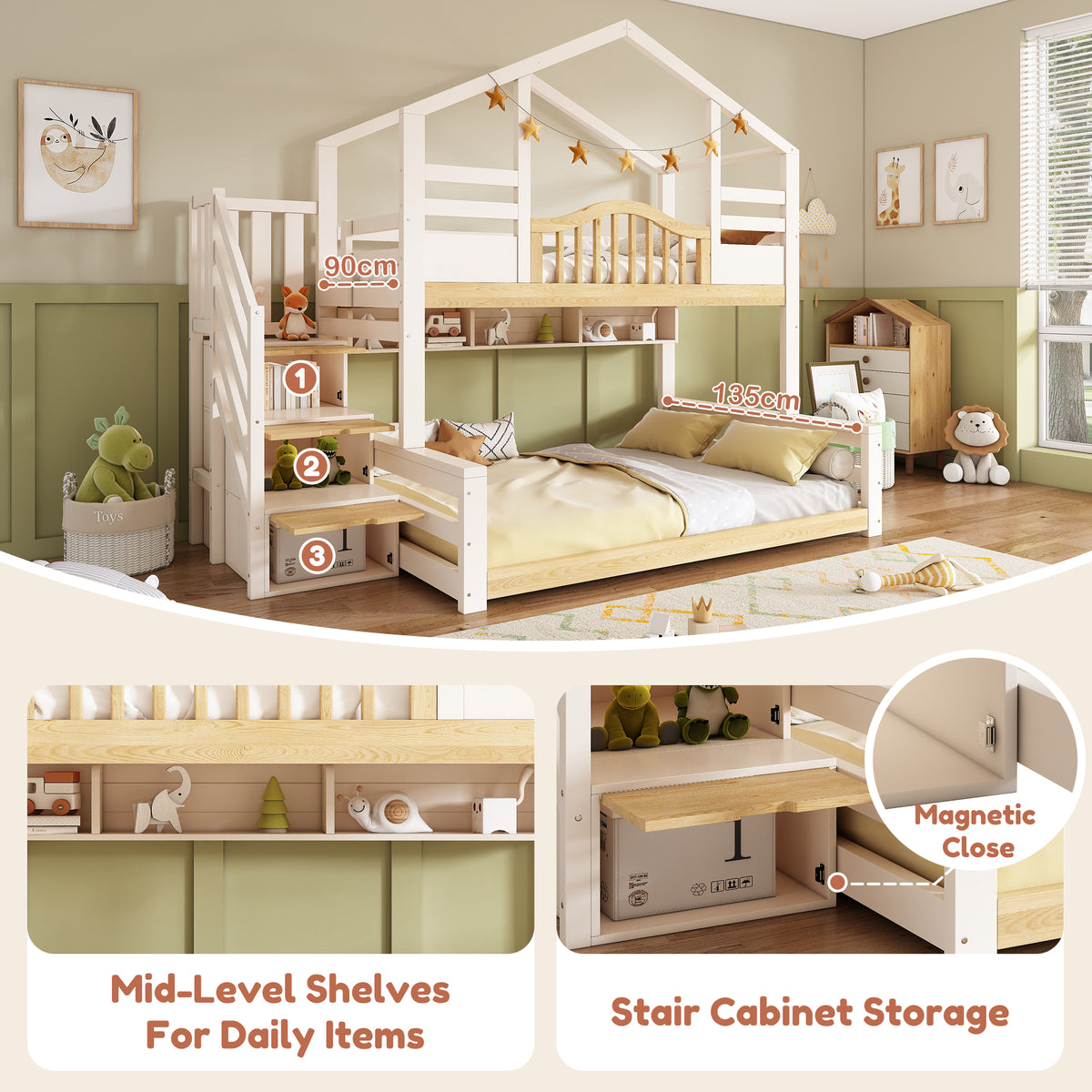 White and natural wooden house bunk bed with storage stairs, single and double beds, ideal for family bedrooms, no mattress included.
