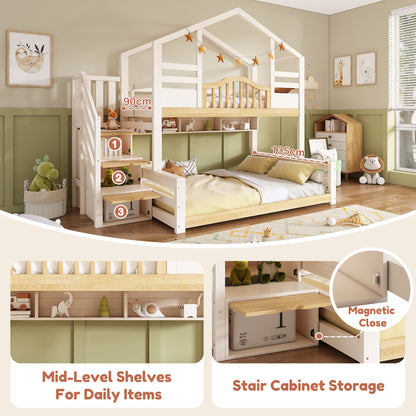 White and natural wooden house bunk bed with storage stairs, single and double beds, ideal for family bedrooms, no mattress included.