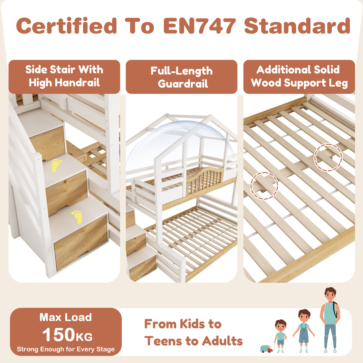 White and natural wooden house bunk bed with storage stairs, 90x190cm single over 135x190cm double bed, suitable for families.