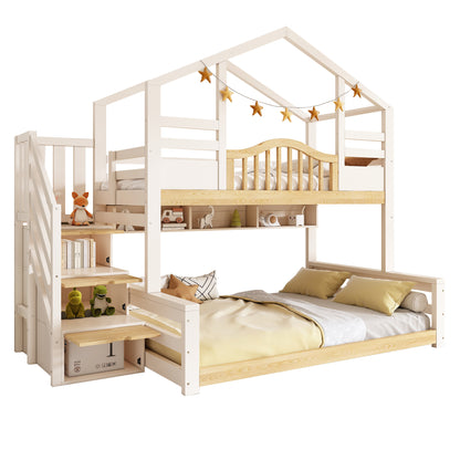 White and natural wooden house bunk bed with storage stairs, single and double bed sizes, designed for family use by HOMCOM.