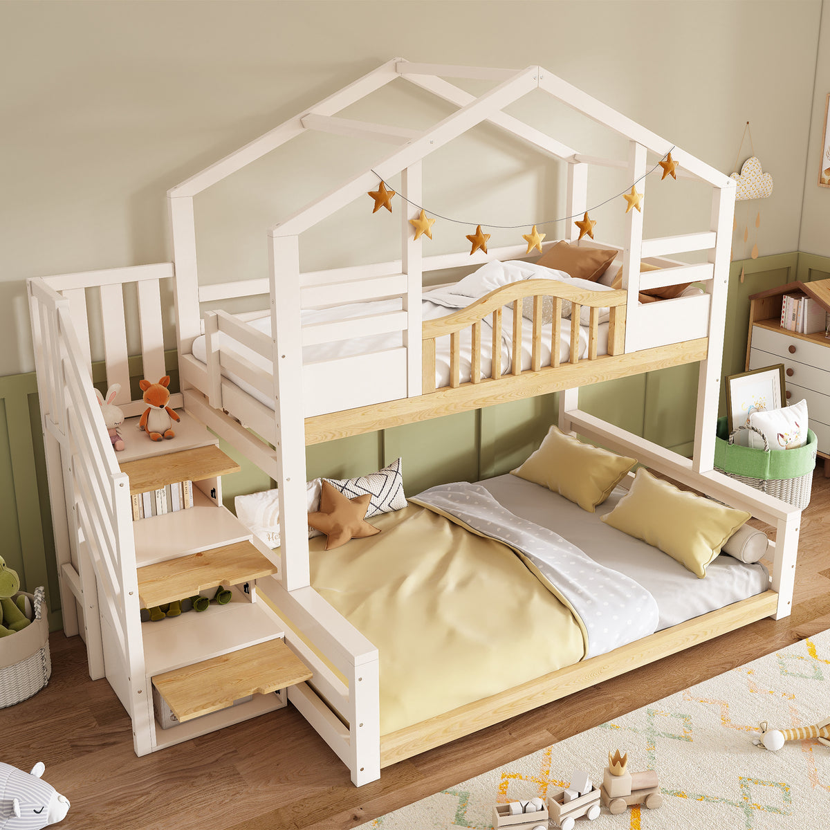 White and natural wooden house bunk bed with storage stairs, single over double bed, ideal for family bedrooms, no mattress included.