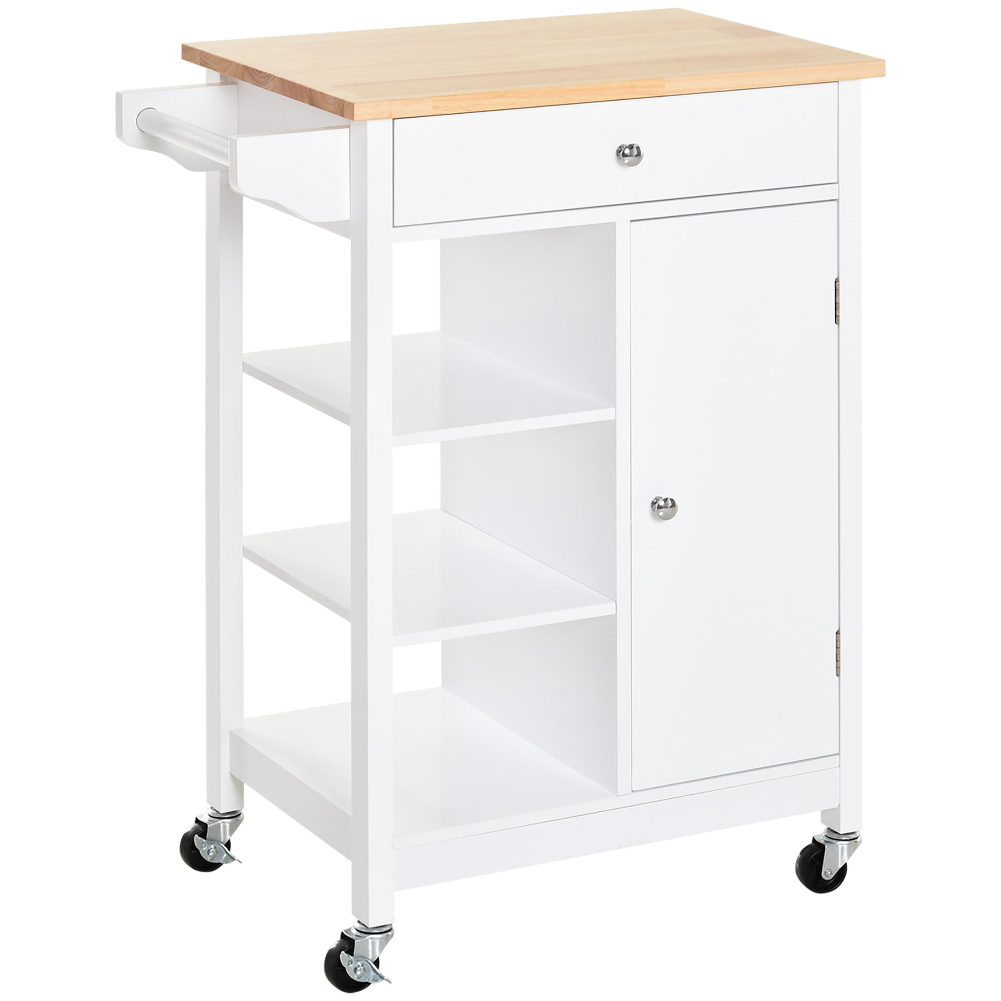 HOMCOM white kitchen trolley with wood top, three shelves, and storage cupboard on wheels for versatile kitchen organization.