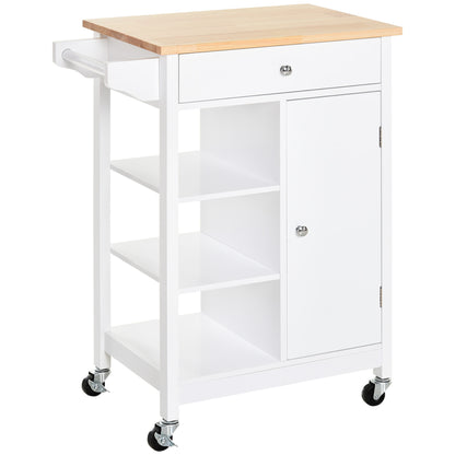 HOMCOM white kitchen trolley with wood top, three shelves, and storage cupboard on wheels for versatile kitchen organization.