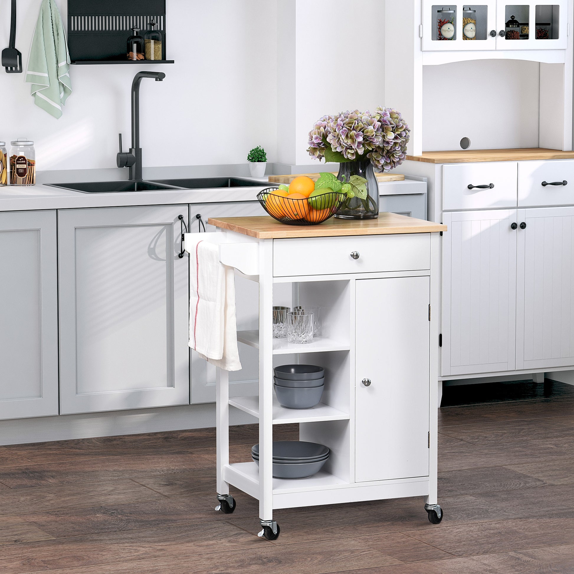 White HOMCOM kitchen trolley with wood top, 3 shelves, and storage cupboard on wheels for versatile kitchen organization.
