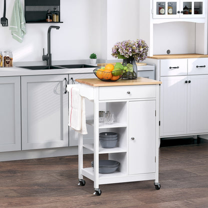 White HOMCOM kitchen trolley with wood top, 3 shelves, and storage cupboard on wheels for versatile kitchen organization.