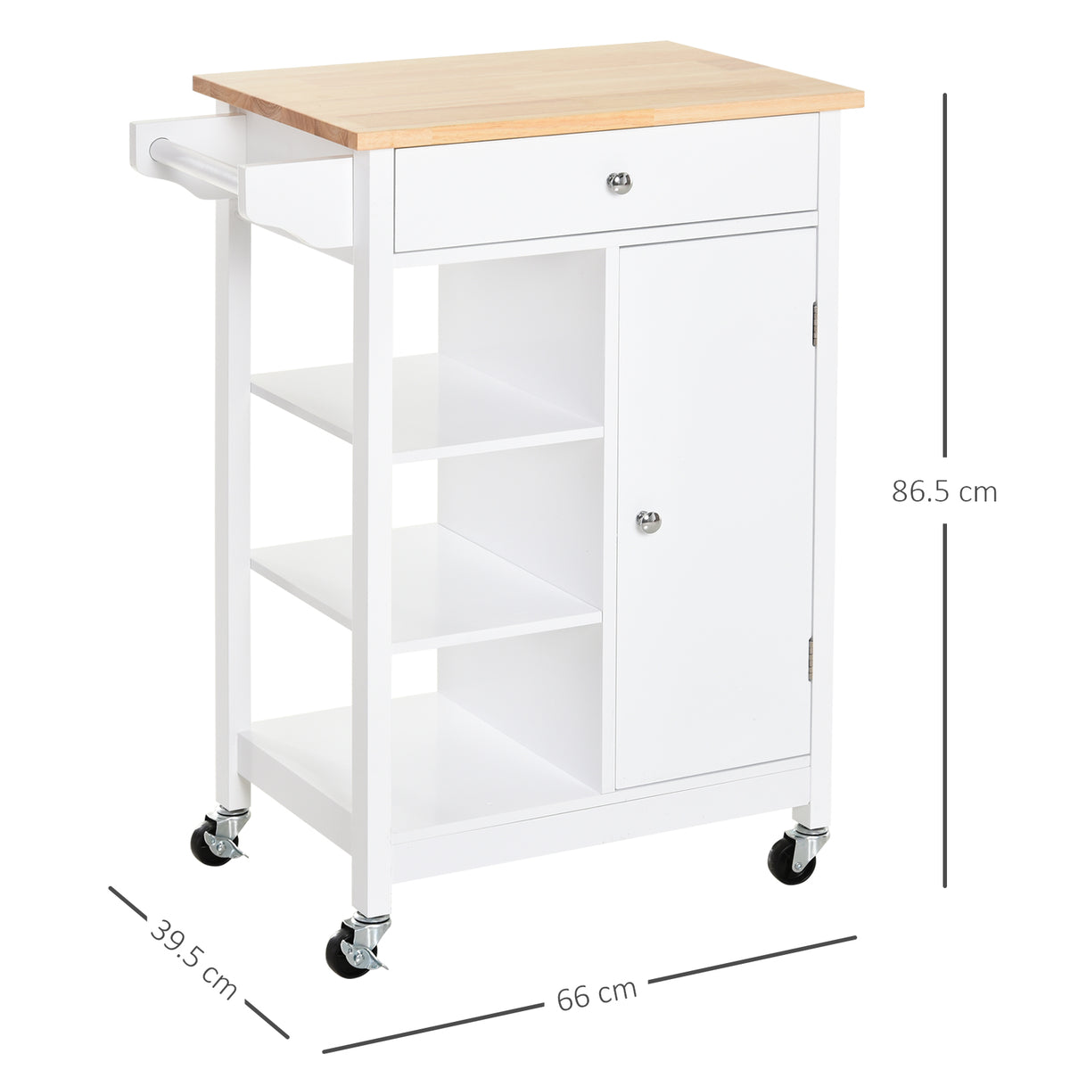 White HOMCOM kitchen trolley with wood top, three shelves, and a storage cupboard on wheels for versatile kitchen storage.