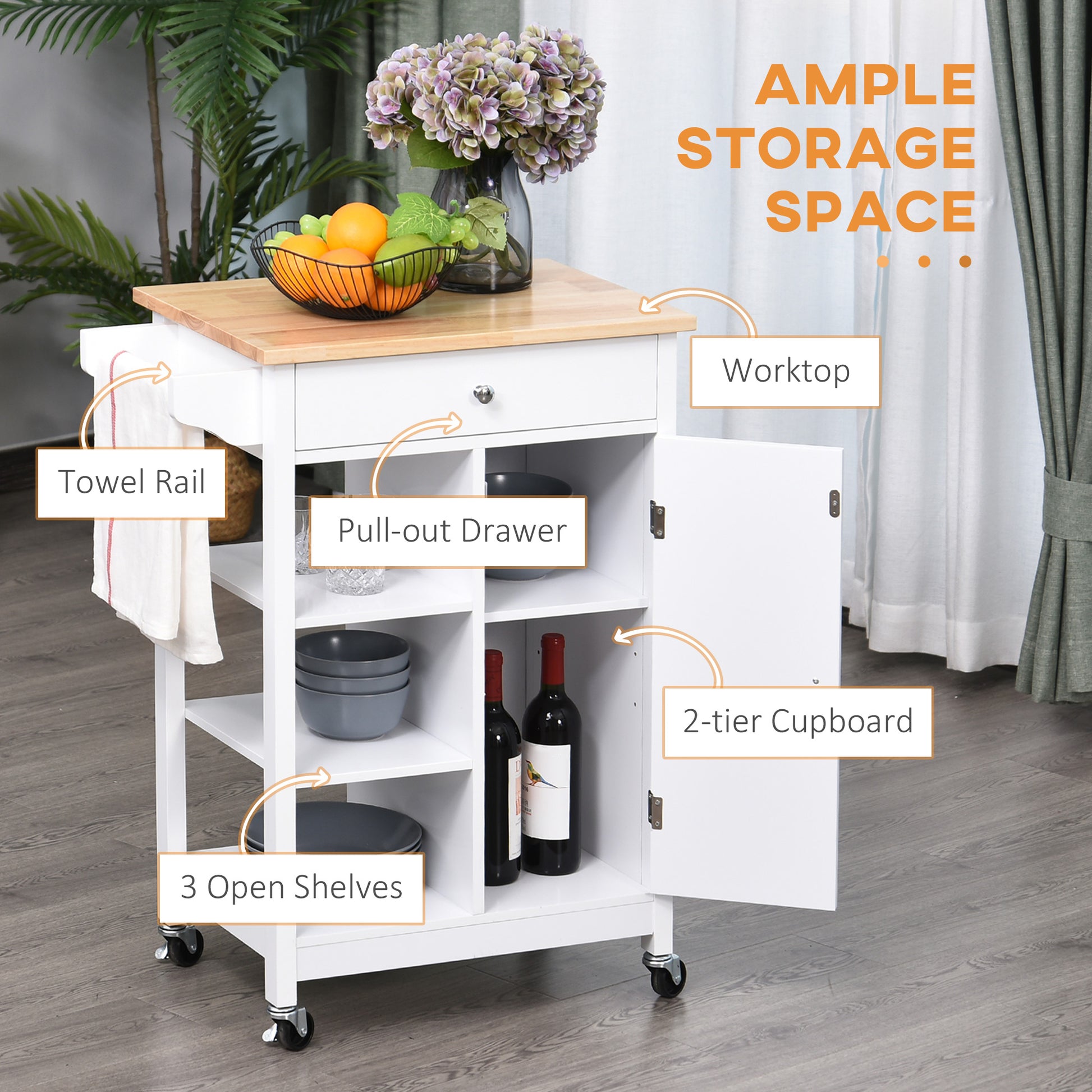 White HOMCOM kitchen trolley with wood top, three shelves, and storage cupboard on wheels, ideal as a versatile kitchen island.
