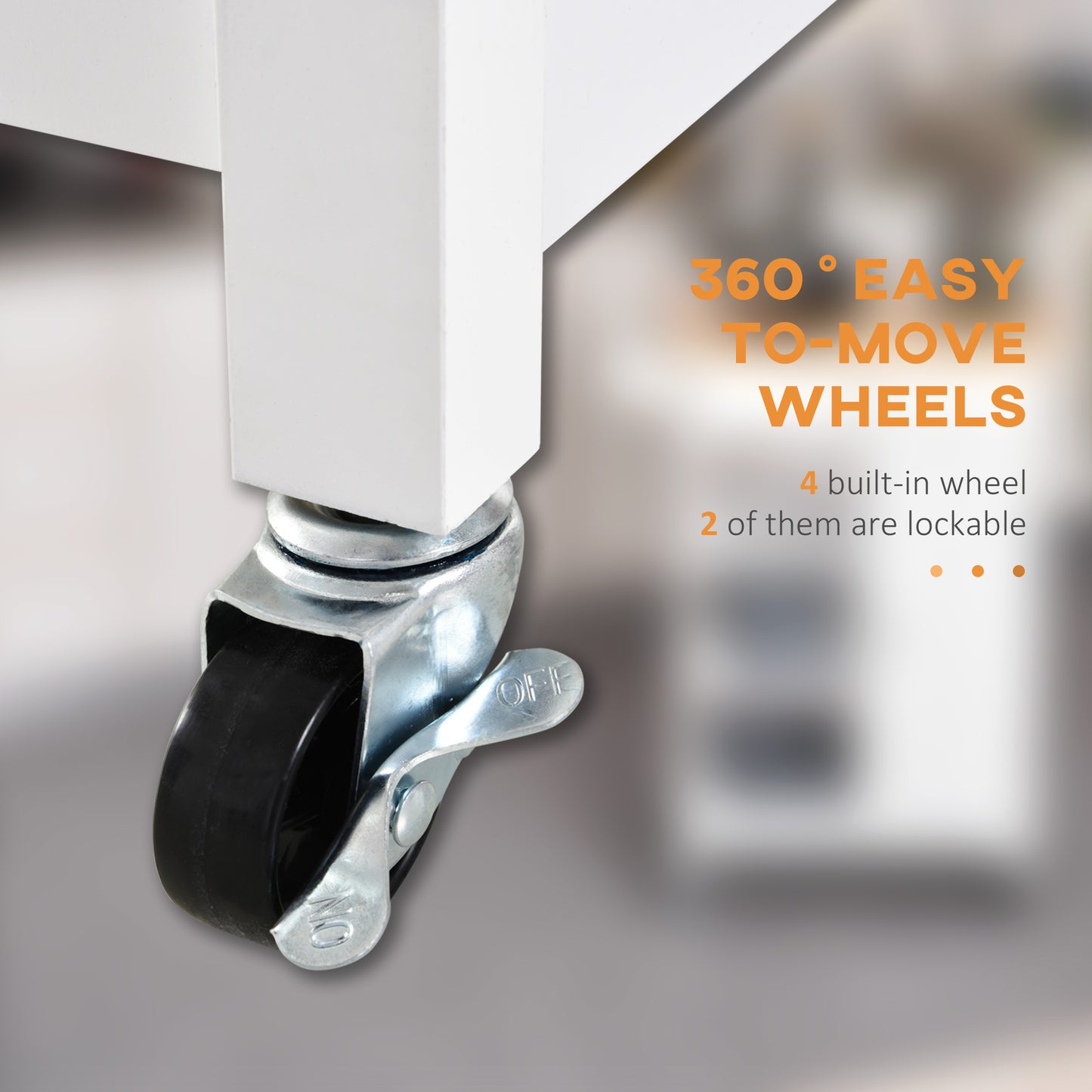 HOMCOM white kitchen trolley with wood top, 3 shelves, storage cupboard, on wheels for easy mobility.