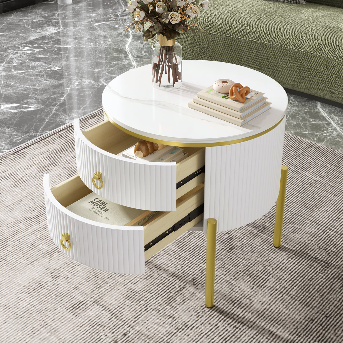 HOMCOM white side table with drawers, marble texture surface, gold legs and handles, adjustable height for living room use.