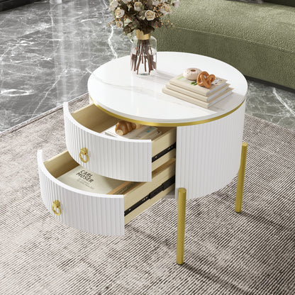 HOMCOM white side table with drawers, marble texture surface, gold legs and handles, adjustable height for living room use.