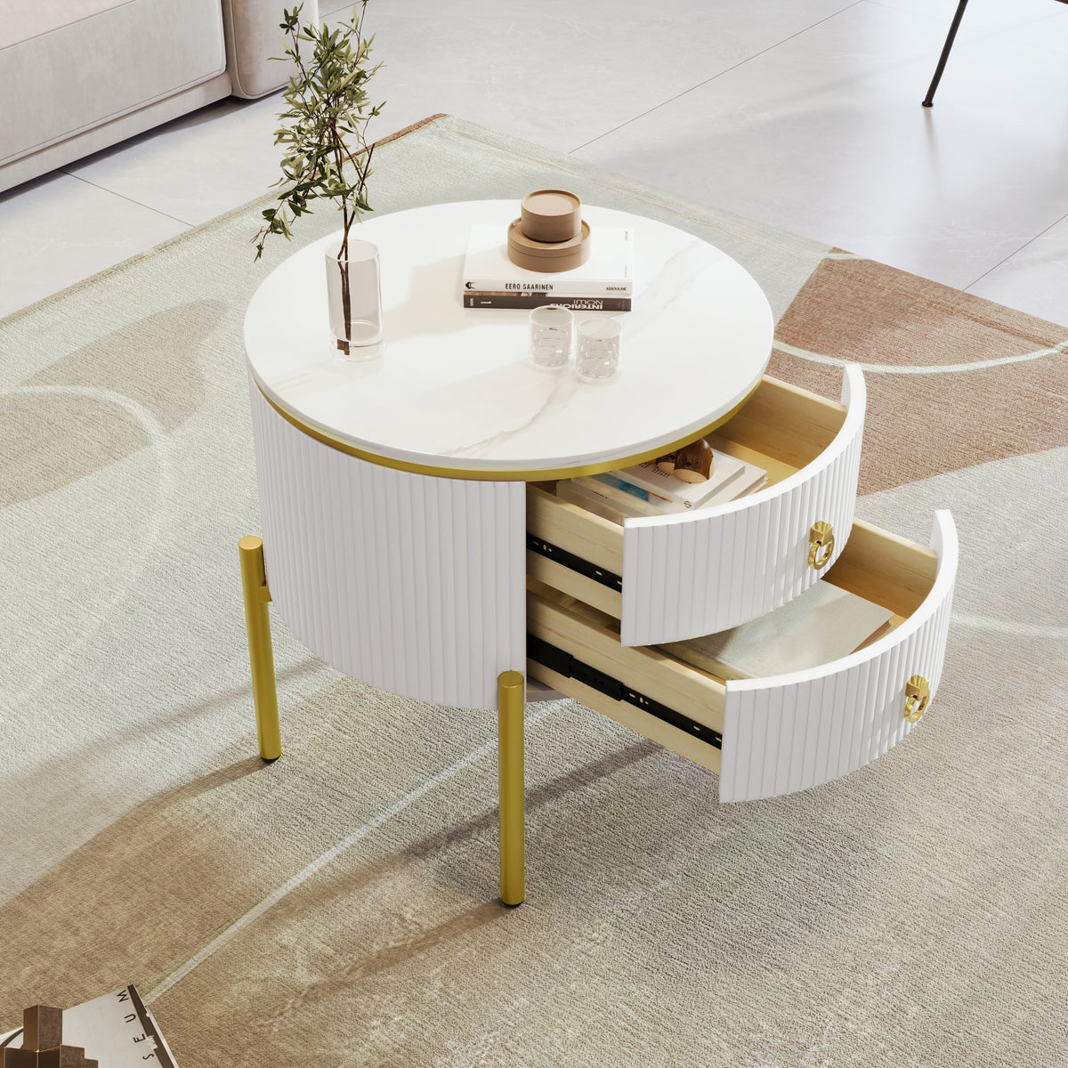HOMCOM white side coffee table with drawers, marble texture top, gold legs and handles, adjustable height for versatile use.