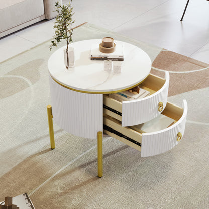HOMCOM white side coffee table with drawers, marble texture top, gold legs and handles, adjustable height for versatile use.