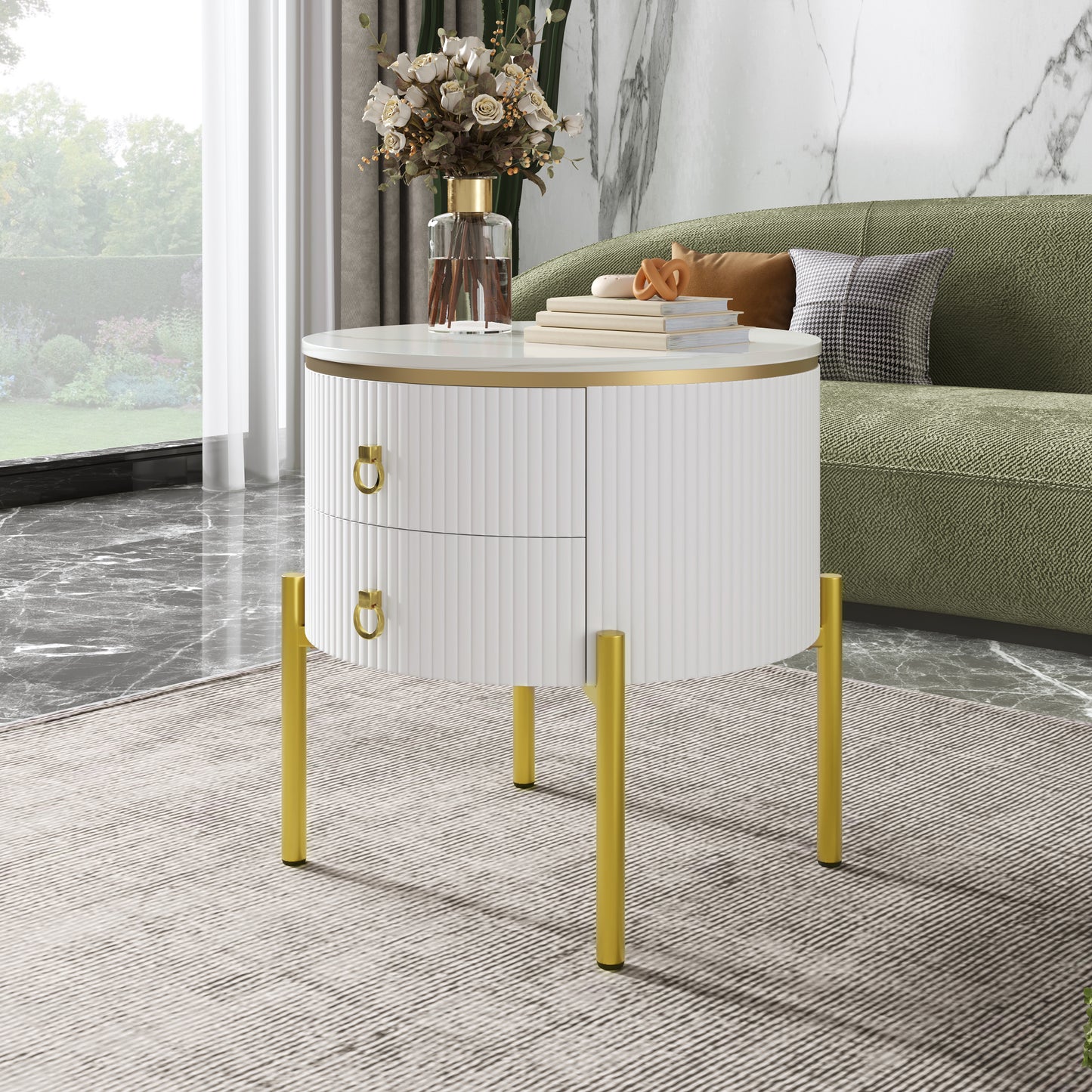 HOMCOM white side coffee table with marble texture, gold legs and handles, featuring drawers and adjustable height.