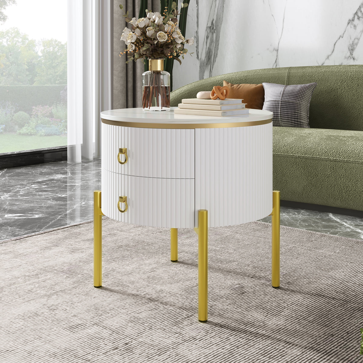 HOMCOM white side coffee table with marble texture, gold legs and handles, featuring drawers and adjustable height.