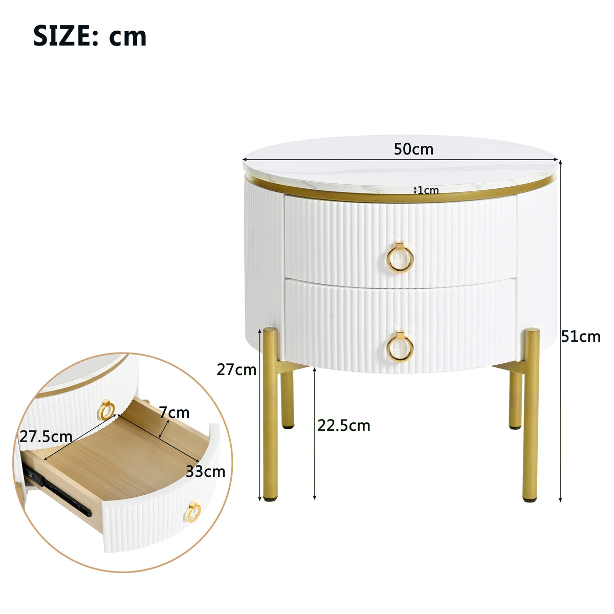 HOMCOM white side table with drawers, marble texture top, gold legs and handles, and adjustable height for modern living spaces.